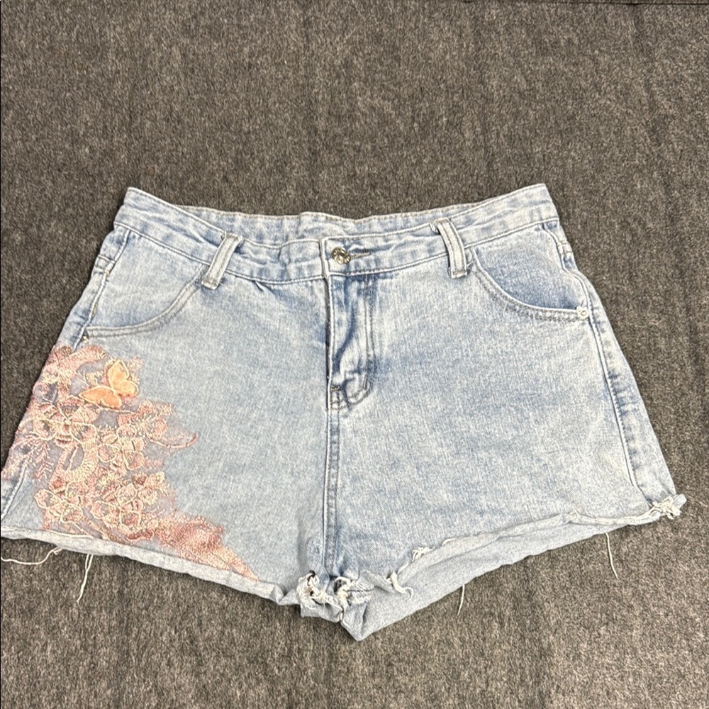 Blue and Pink Jean Shorts with Distressed Look